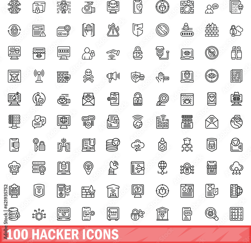 Poster 100 hacker icons set. outline illustration of 100 hacker icons vector set isolated on white backgrou