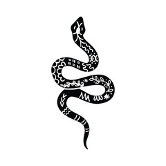 Celestial Snake Linocut Vector Icon. Mystic Floral Snake Silhouette Isolated on White Background. Boho and Magic Witchy Python Clipart, Occult Symbol Illustration. Black Gothic Art Print for T Shirt