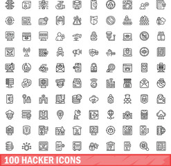 100 hacker icons set. Outline illustration of 100 hacker icons vector set isolated on white background