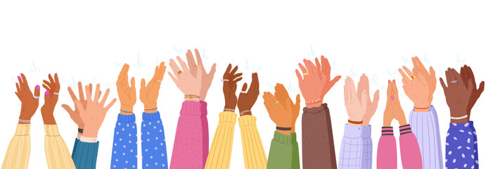 Applauding arms. Human clapping hands with different skin colours, man and woman arms cheering or greeting gesture, people diversity applause flat vector illustration set. Hands clapping