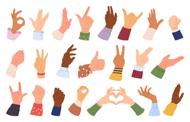 Hands gestures. Cartoon human palm with different skin colours, social equality flat vector illustration set. People hands collection
