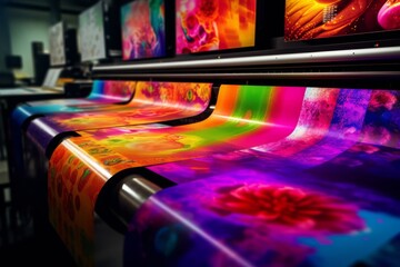 A montage of colorful printed banners and posters coming out of a high-speed roll-to-roll printer, showcasing the versatility and productivity of big ink printers. Generative AI - obrazy, fototapety, plakaty