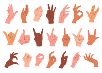 Cartoon hands gestures. Various hand palms with different skin colours, ok, rock and call sign flat vector illustration set. Hands gestures collection