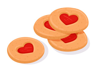 Cartoon cherry thumbprint cookies. Heart jam cookies with drop of jam. Heart linzer cookies for Valentine's day flat vector illustration
