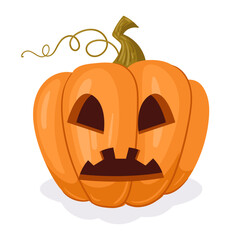 Cartoon spooky holiday pumpkin. Halloween carved pumpkin face decoration, scary jack-o-lantern flat vector illustration