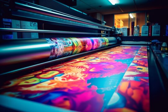 A montage of colorful printed banners and posters coming out of a high-speed roll-to-roll printer, showcasing the versatility and productivity of big ink printers. Generative AI