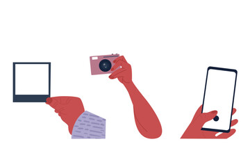 Illustration of African American hands holding a photo camera, smartphone, finished photo. Hands taking a photo. World Photography Day