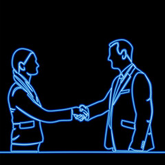 Continuous line drawing Business Man And Woman Shaking Hands, business icon neon glow vector illustration concept