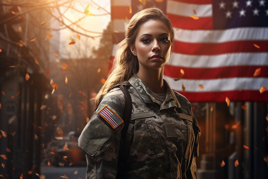 A photorealistic image of a female American soldier on duty during Veterans Memorial Day.
