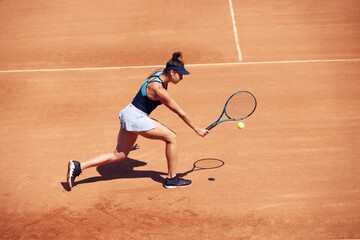 Top view image of young girl, professional tennis player in motion during game at open air tennis court on sunny day. Concept of sport, hobby, active lifestyle, health, endurance and strength, ad