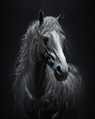 Generated photorealistic portrait of a white horse in gold dust