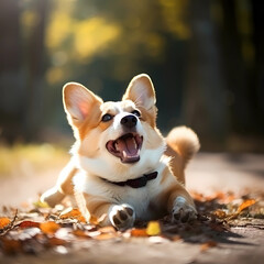 Image of a cute Welsh Corgi rolling around