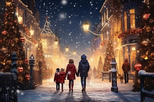 Children walk on a face decorated for Christmas in a small European town. Back view. Image created by AI.