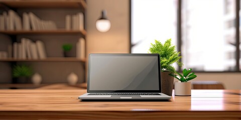Fototapeta premium Professional workspace with laptop, desk, and shelves in home office interior design blur background