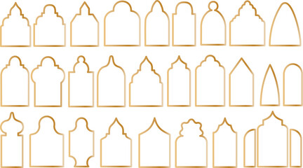gold Islamic turkish door and window silhouette, Arabic arch and frames vector set