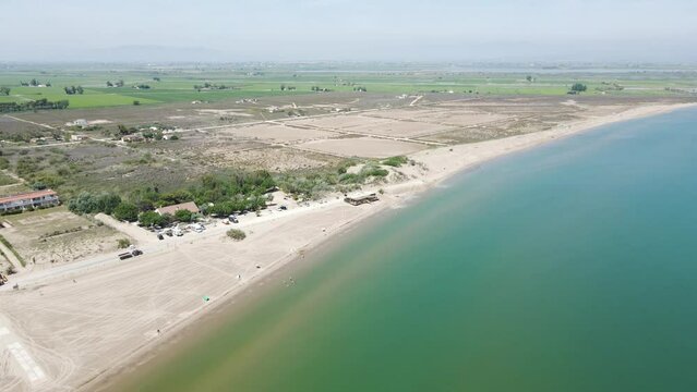 Aerial view of Delta de l'Ebre national park along the Mediterranean Sea, Deltebre, Tarragona, Spain.