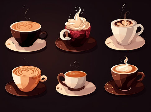 A colorful set of hot coffee drinks on a dark background. Coffee shop design, covers. Drawn watercolor sideview grunge illustrations. AI generated