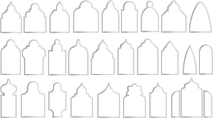 silver Islamic turkish door and window silhouette, Arabic arch and frames vector set
