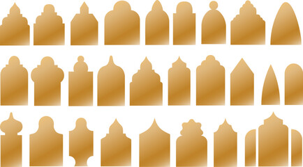 gold Islamic door and window silhouette, Arabic arch and frames vector set