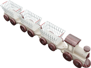 Toy train with trailers in the form of metal grocery baskets. Top view product placement mockup 3d rendering