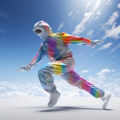 Fototapeta na wymiar a person doing actions, 3D, science fiction, , rainbow color