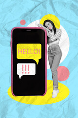 Vertical collage image of black white effect mini girl huge smart phone display chat dialogue hello...