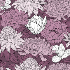 Pattern with Peony, chrysantea, magnolia, ginger