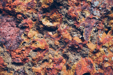 Grey, Abstract background of the shabby concrete wall surface with bright red yellow paint and mossy weathered parts