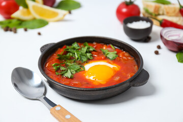 Shakshuka, spoon, slices of bread, tomato, lemon, basil, onion and spices on white background, close up