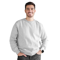 Young man in oversized sweatshirt with copy space for your design