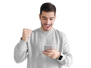 Winner concept. Photo of excited young man clenching fist and celebrating while holding mobile phone in hand