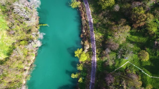 Aerial view of Ozalj castle along the Kupa river in Ozalj old town, Croatia.