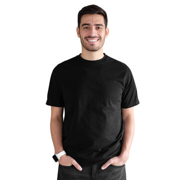 Young man wearing blank black t-shirt and jeans