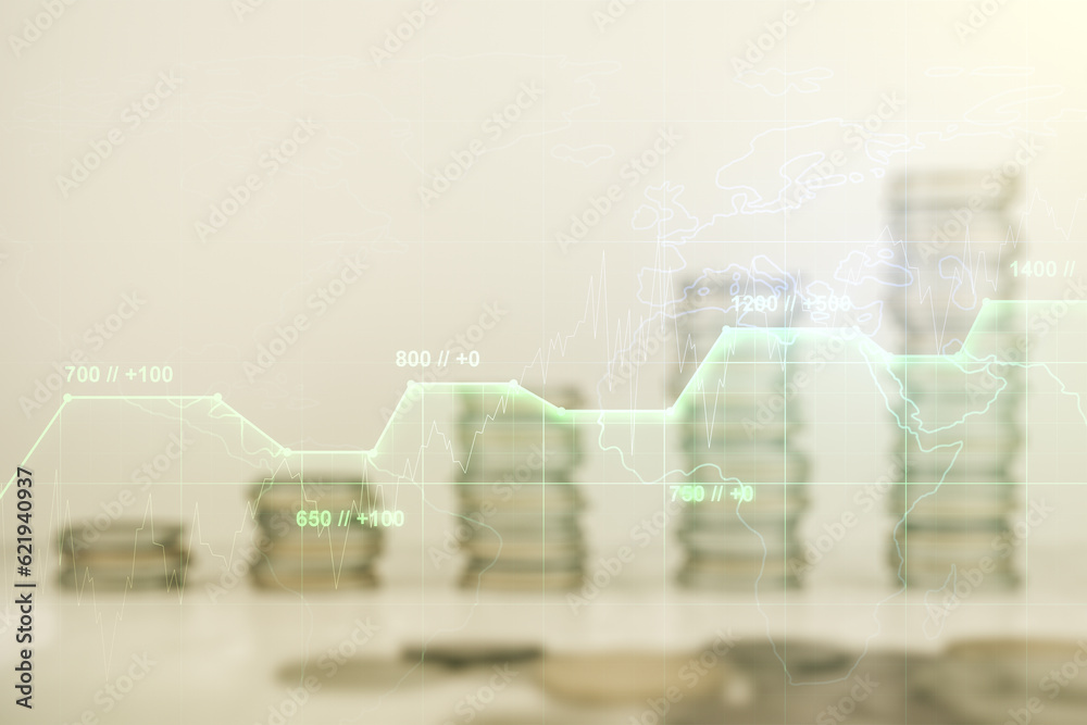 Poster Multi exposure of abstract statistics data hologram interface on growing coins stacks background, computing and analytics concept
