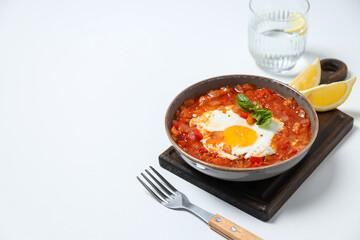 Shakshuka in bowl and fork on board, lemon, glass of water on white background, space for text