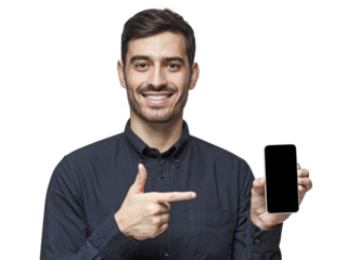 Young man holding smartphone in hand and pointing to it with finger