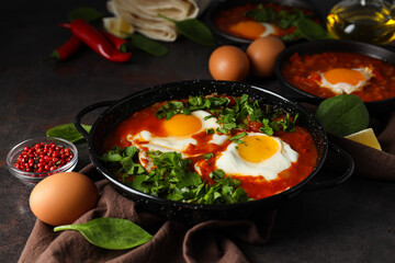 Pans with shakshuka, eggs, basil, bowl of pepper and oil on dark background
