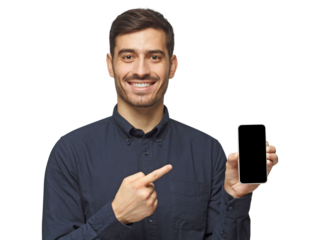 Handsome businessman in deep blue shirt showing phone and pointing with finger at blank screen with copy space