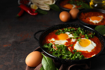Pans with shakshuka, eggs, basil, bowl of pepper and oil on dark background, space for text