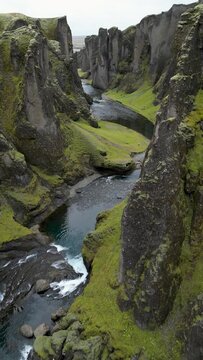 Vertical aerial view of Fjadrargljufur canyon in Iceland.