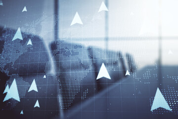 Abstract virtual GPS locator sketch with world map on a modern coworking room background,...