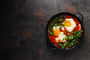Shakshuka in frying pan on dark background, space for text