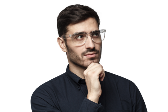 Studio portrait of pensive businessman thinking, holding chin, looking up - Powered by Adobe