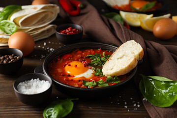 Shakshuka in pans, piece of bread, lemon, basil, bowl with salt, on wooden background