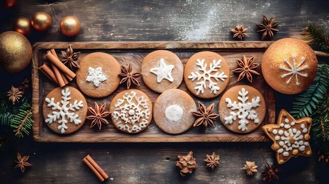Directly above shot of decorated gingerbread cookies with spices on table. Homemade Christmas cookies