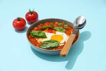 Bowl of shakshuka, spoon and two tomatoes on blue background