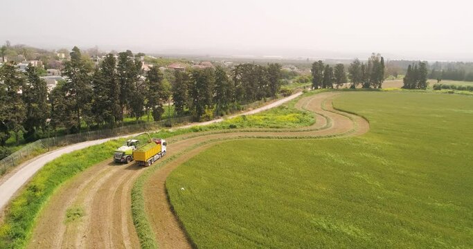 Aerial view of a agricultural machinery at action in a wheat field, Kibbutz Saar, Israel.