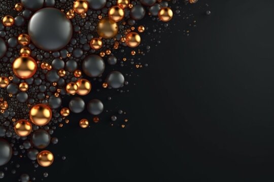 Black background with black and gold bubbles, top view, copy space. AI generated