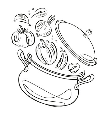 recommend clip art: Fresh vegetables and pot with lid. Cooking, food concept. Line style illustration