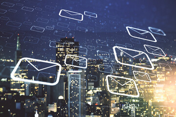 Abstract virtual postal envelopes illustration on San Francisco skyline background. Email and communications concept. Multiexposure